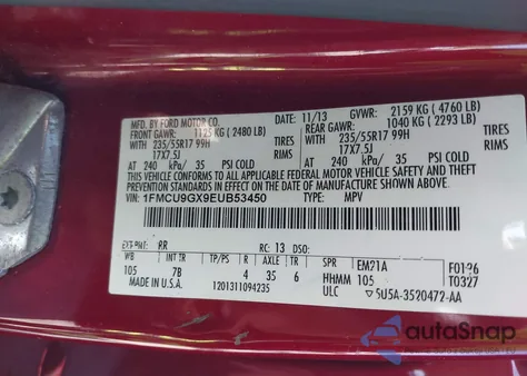 2014 Ford Escape Se from USA, damaged, VIN 1FMCU9GX9EUB53450